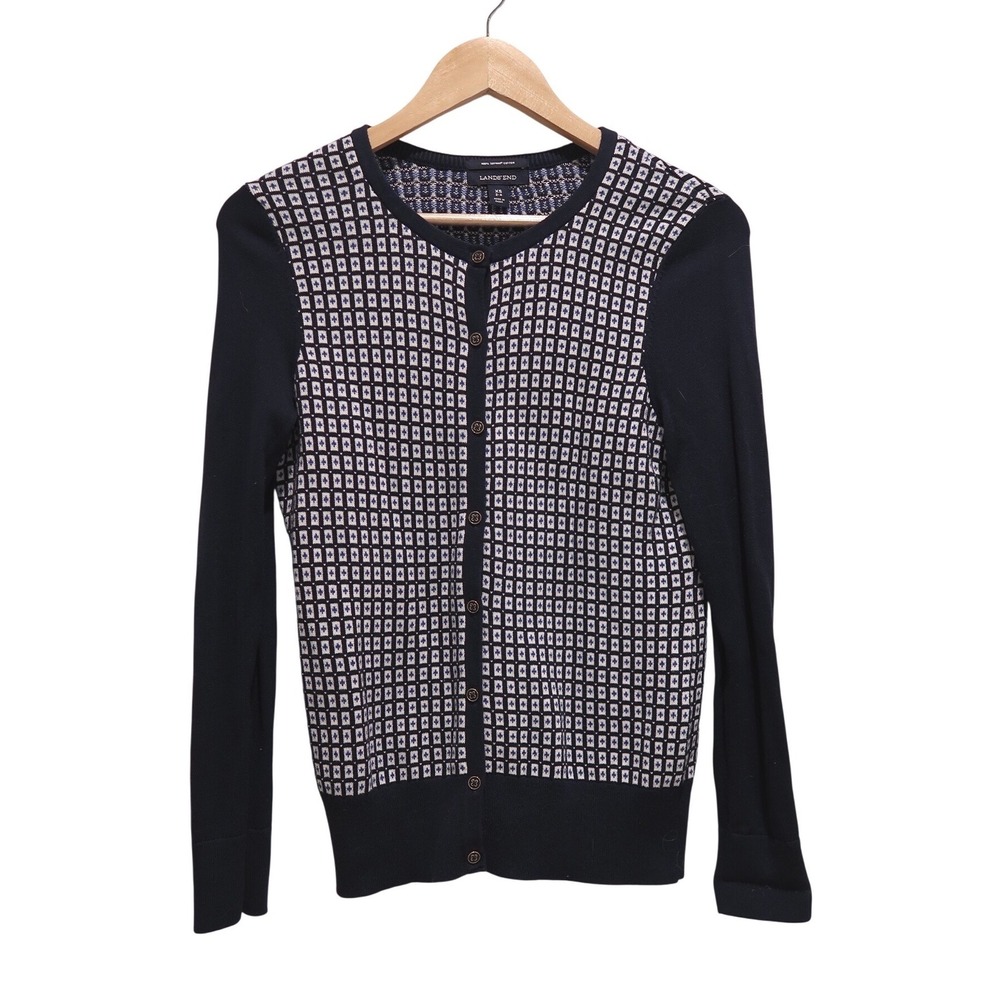 Lands End Supima Cotton Cardigan XS Navy Blue White Geometric Knit Sweater